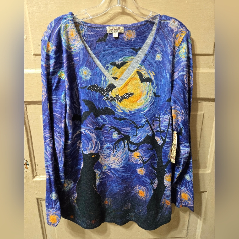 One World Blue Starry Night Black Cat Halloween Bat V-Neck Top NWT Size: Large